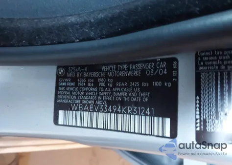 2004 BMW 325I z USA, uszkodzony, nr VIN WBAEV33494KR31241